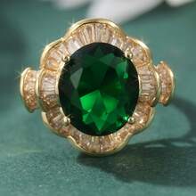 Nhẫn đá Cubic Zirconia màu xanh lá cây tổng hợp thời trang, phù hợp cho phụ nữ dự tiệc cưới, tiệc tùng, dạ hội, là phụ kiện trang sức đeo tay tinh tế. - Vàng - Xem 8