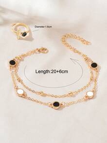 2 Pcs Street Style Black White Enamel Round Beaded Double Layered Chain Bracelet Gold Band Finger Ring Nightout Party Jewelry Set - Gold - View 7