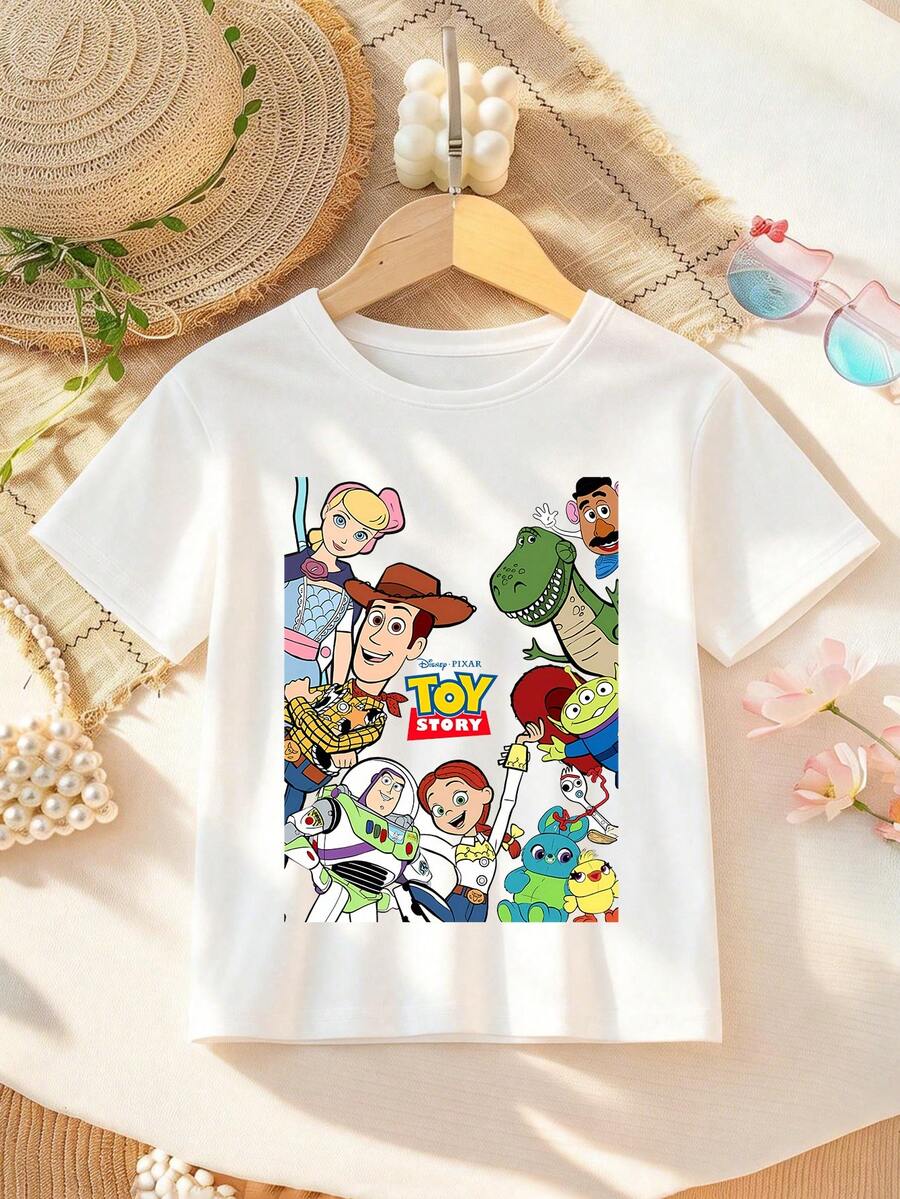 Disney Girls T-Shirt, Featuring A Creative Cartoon Pattern Of Toy Story Characters From Disney. Spring/Summer Style Round-Neck Children's T-Shirt. The Fabric Is Soft, Comfortable And Breathable, Suitable For Daily Wear, Traveling, Going To School, Shopping And Playing. It Is An Essential Disney Children's Clothing Gift. - 白色 - 查看 1