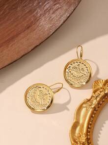 一对极简复古铜质18K镀金硬币耳环，适合女性日常佩戴，不含礼盒 - 金黃色 - 查看 2