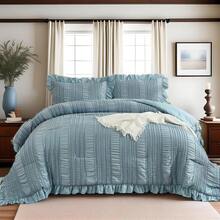 3 Pieces Beige Textured Comforter Set Queen King,Ruffle Farmhouse Shabby Chic Comforter For Queen Bed,Soft Seersucker Boho Bedding Set With 1 Ruffle Comforter,2 Tufted Pillowcases Valentine Decor Room Decor - White Ruffle - View 4