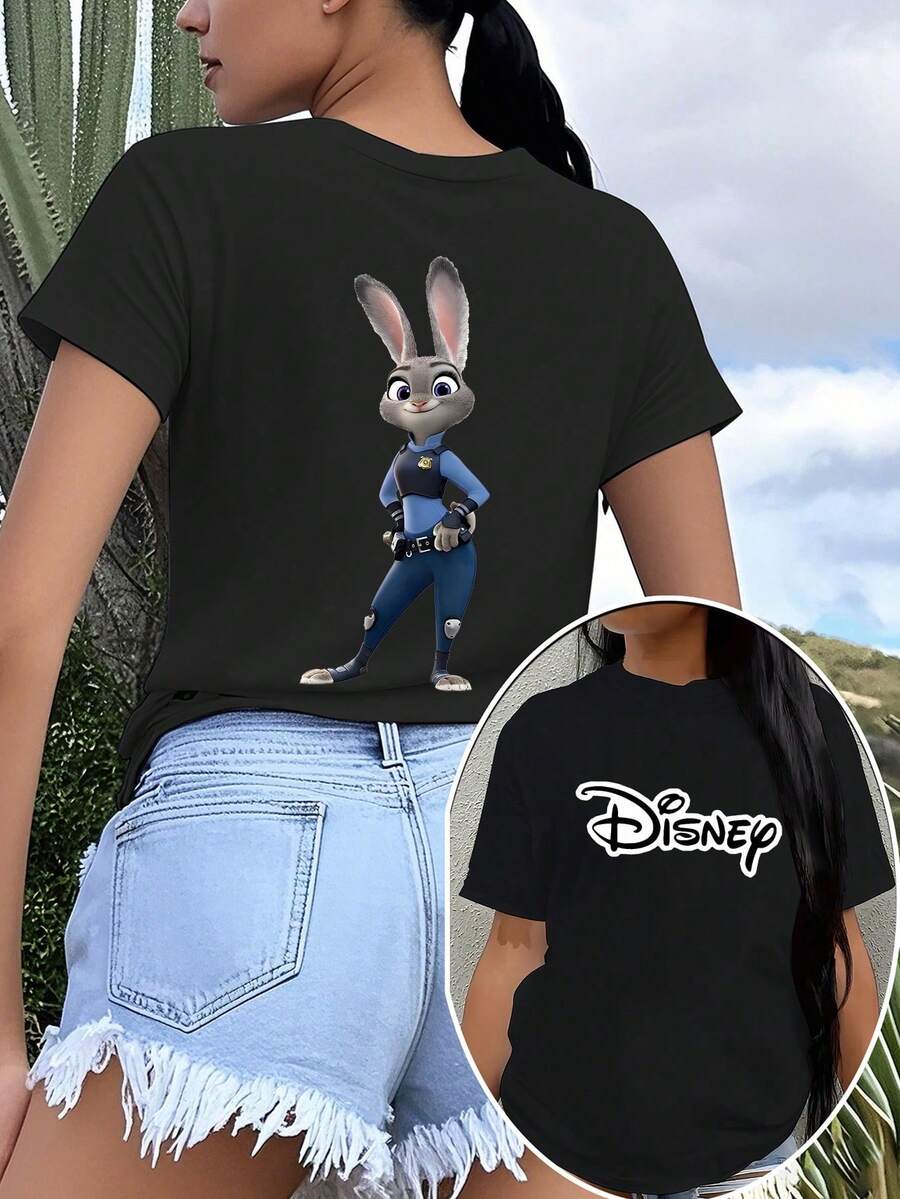 Disney Officer Judy Hopps Print Women's Short Sleeve T-Shirt Minimalist Casual Daily Top - 黑色 - 查看 1
