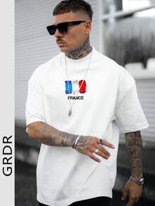 GRDR Camiseta de manga corta de cuello redondo con estampado de elementos franceses de verano para hombre, informal - Blanco - Ver 3