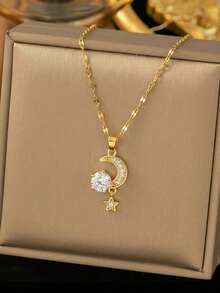1pc Sparkly CZ Crescent Moon & Star Pendant,Dainty Gold Celestial Necklace, Aesthetic Jewelry Gift For Her - Gold - View 1