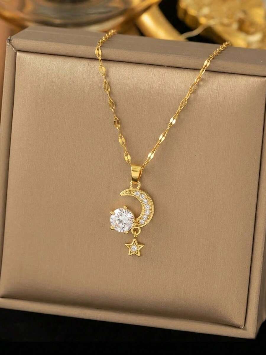 1pc Sparkly CZ Crescent Moon & Star Pendant,Dainty Gold Celestial Necklace, Aesthetic Jewelry Gift For Her - Gold - View 1
