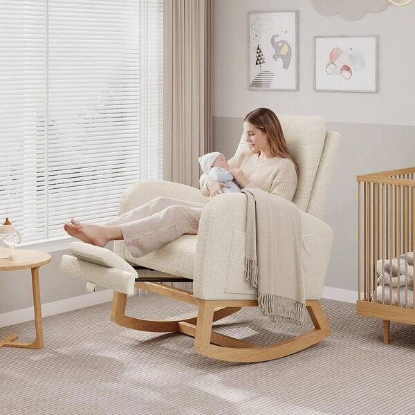 Dragonpad Modern Nursery Rocking Chair, Lamb Fleece/PU Leather Upholstered Glider Rocker Chairs With/Without Adjustable Footrest And Side Pockets, High Back Nursing Armchair For Small Spaces Indoor Living Room Bedroom