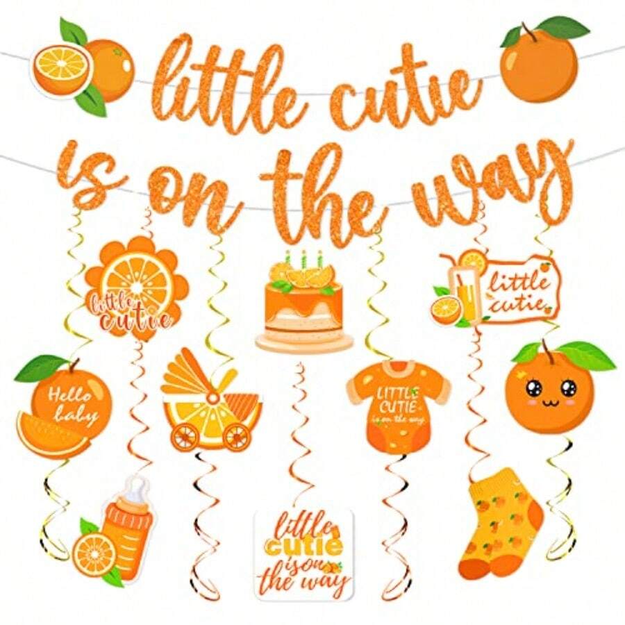 DLittle Cutie Baby Shower Decorations - 16pcs Orange Party Decorations 2pcs Glitter Baby Shower Banners 14pcs Orange Hanging Swirls Little Cute Is On The Way Birthday Party Decor Plies - 小可愛裝飾 - 查看 1