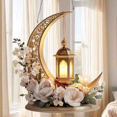 2D Flat, 1pc 2D Flat Printed Ramadan Crescent Moon Flower Sunlight Catcher Decor Sign, Acrylic Hanging Window Decor Sign, Suitable For Home, Garden And Porch, Outdoor Holiday Decoration, Christmas, Ramadan, Valentine's Day And Easter