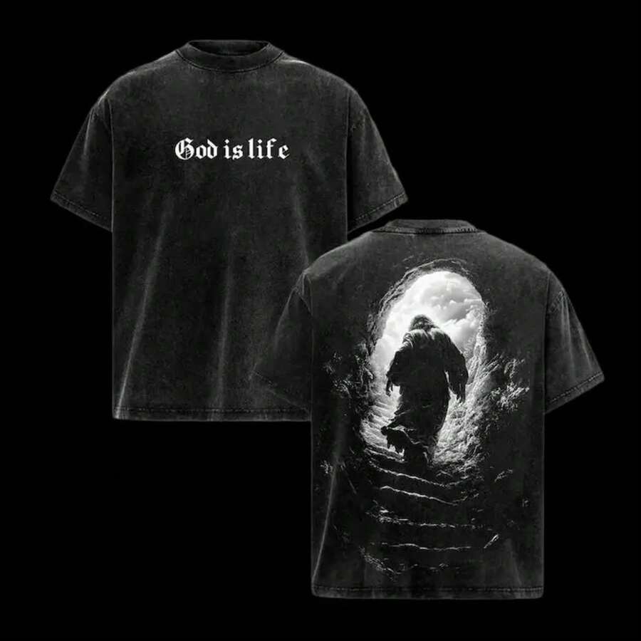 Valentine Shirts God Is Life Vintage Washed Christian T-Shirt Faith Streetwear - 黑色 - 查看 1