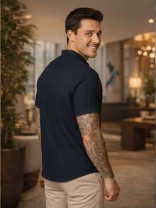 Men's Shirt With Mandarin Collar, Short Sleeves, Premium Quality, Formal, Casual, Versatile, Comfortable - 藏蓝色 - 查看 3