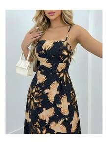 Women's Long Dress With Leaf Print, Crossed Straps, Casual, Summer, Tropical - 黑色 - 查看 2