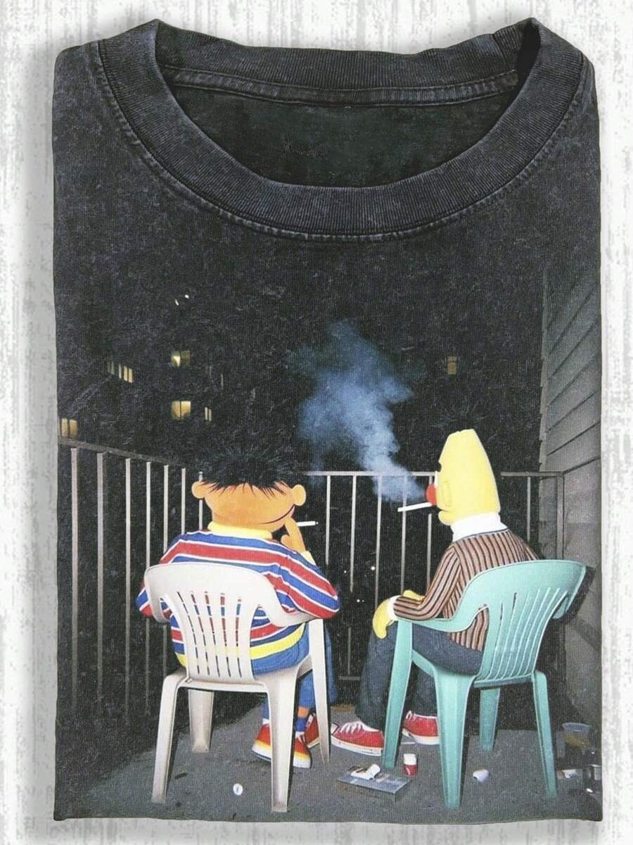 Men Clothes Two Cartoon Animal Characters Leisure Smoking On Night Balcony, Unisex 2026 Summer Daily Commute Casual Short-Sleeve T-Shirt, Premium Pure Cotton Skin-Friendly Breathable Fabric,Street Hip Hop Aesthetic Solid Color Minimal Design, Ideal For Daily Outing Grocery Shopping Street Walk Daily Wear - 黑色 - 查看 1