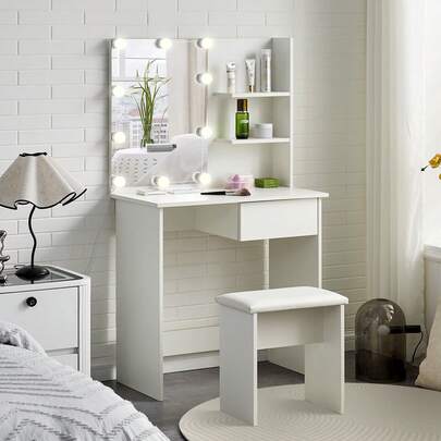 CLIPOP Dressing Table Set With LED Lights Mirror, Large Vanity Table With Drawers Makeup Table With Mirror And Stool For Bedroom Girls Women