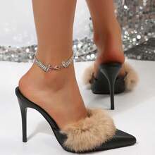 Women's Fuzzy Open Toe High Heels – Elegant Pointed Toe Slingback Pumps With Plush Fur Trim, Perfect For Weddings & Parties - 黑色 - 查看 5