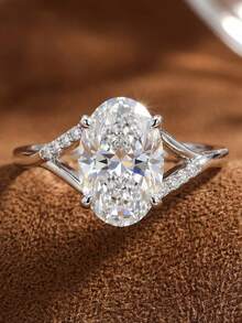 1枚女士925纯银镂空四爪椭圆形戒指，镶嵌钻石，闪耀镂空永恒戒指，精致珠宝礼物，适合结婚订婚 - 銀色 - 查看 3