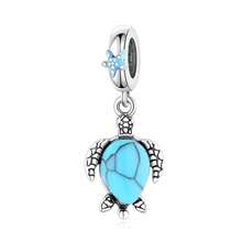 1pc S925 Sterling Silver Turquoise Turtle Pendant, Resin Starfish Ocean Animal Vintage DIY Bracelet Perforated Silver Bead Charm - Silver - View 6