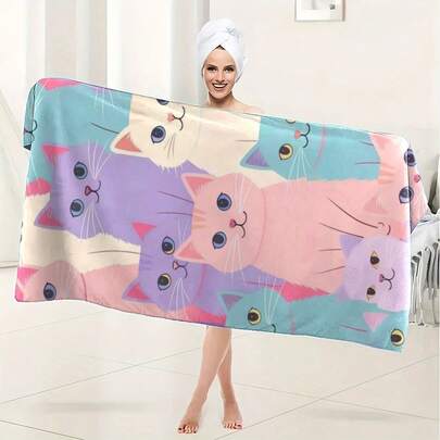 This 1-Piece High-Quality Microfiber Bath/Beach Towel Features A Cartoon Cat Design And Is Made From Quick-Drying, Lightweight, And Soft Fabric. It's A Bathroom Essential And A Must-Have For Home Life. Perfect For The Bathroom, Swimming, Camping, Gym, Travel, And Yoga – An Ideal Travel Companion And Gym Towel.