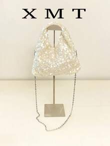 1pc Quilted Open-Close PVC Sequin Small Square Bag, Fashion Shiny Sequin Coin Purse Phone Bag, Women's Party Event Bag, New Stylish Chain Crossbody Bag, Shiny Glitter Chic Shoulder Bag, Suitable For Women To Attend Banquets And Parties , - Beige - View 2