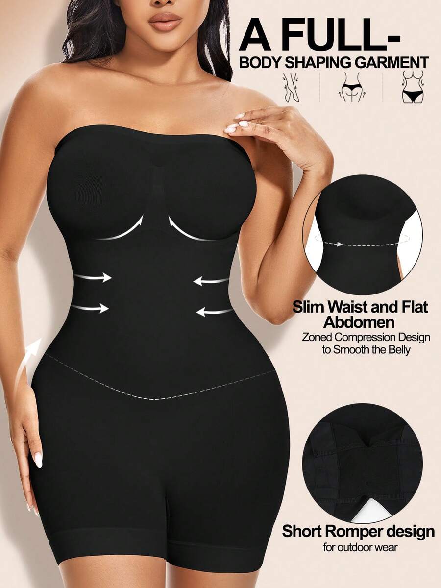 Women's Shapewear Rompers Strapless Bodysuit Shaper Jumpsuits Suitable For Outdoor Wear Body Shaper Bodysuit With Tummy Control, Butt Lifter, Chest Wrap,Plus Size, - Black - View 1