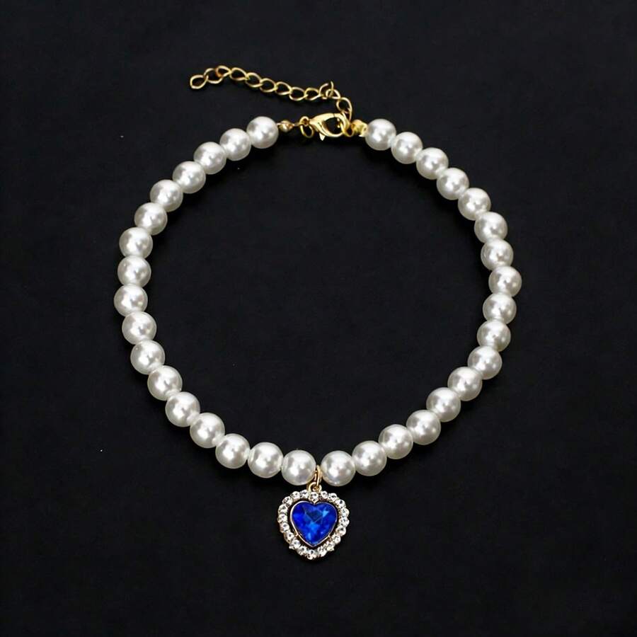 优雅仿珍珠宠物项链，可调节尺寸，水钻吊坠闪亮迷人，时尚耐用，适合猫狗佩戴。 - 彩色 - 查看 1