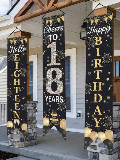 3 pièces Panneau de porte pour 18e anniversaire noir et or, bannière de fête d'anniversaire en polyester "Bonjour 18, Santé à 18 !" Couplet de poteau de barrière avec ballon, gâteau, champagne, conception de feux d'artifice, rideau de porte pour 18e anniversaire, décoration de salle de fête pour 18e anniversaire, décoration d'anniversaire, décorations de cérémonie de passage à l'âge adulte, décoration de chambre, décoration extérieure, ornements de jardin