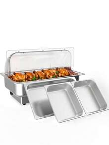 uego de Platos eléctricos 9QT para bufé con Control de Temperatura, servidores de Buffet de Acero Inoxidable y Calentadores con 1 sartén de tamaño Completo y 2 sartenes de tamaño Medio para Catering - 1 sartén de tamaño 1/1 + 2 de 1/2 - Ver 1