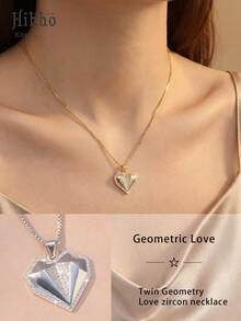 Hihho 1件套光滑银色全镶锆石三角形和心形吊坠项链，精致盒式链设计，搭配光泽心形和镶钻三角形吊坠。 - 心形 - 查看 1
