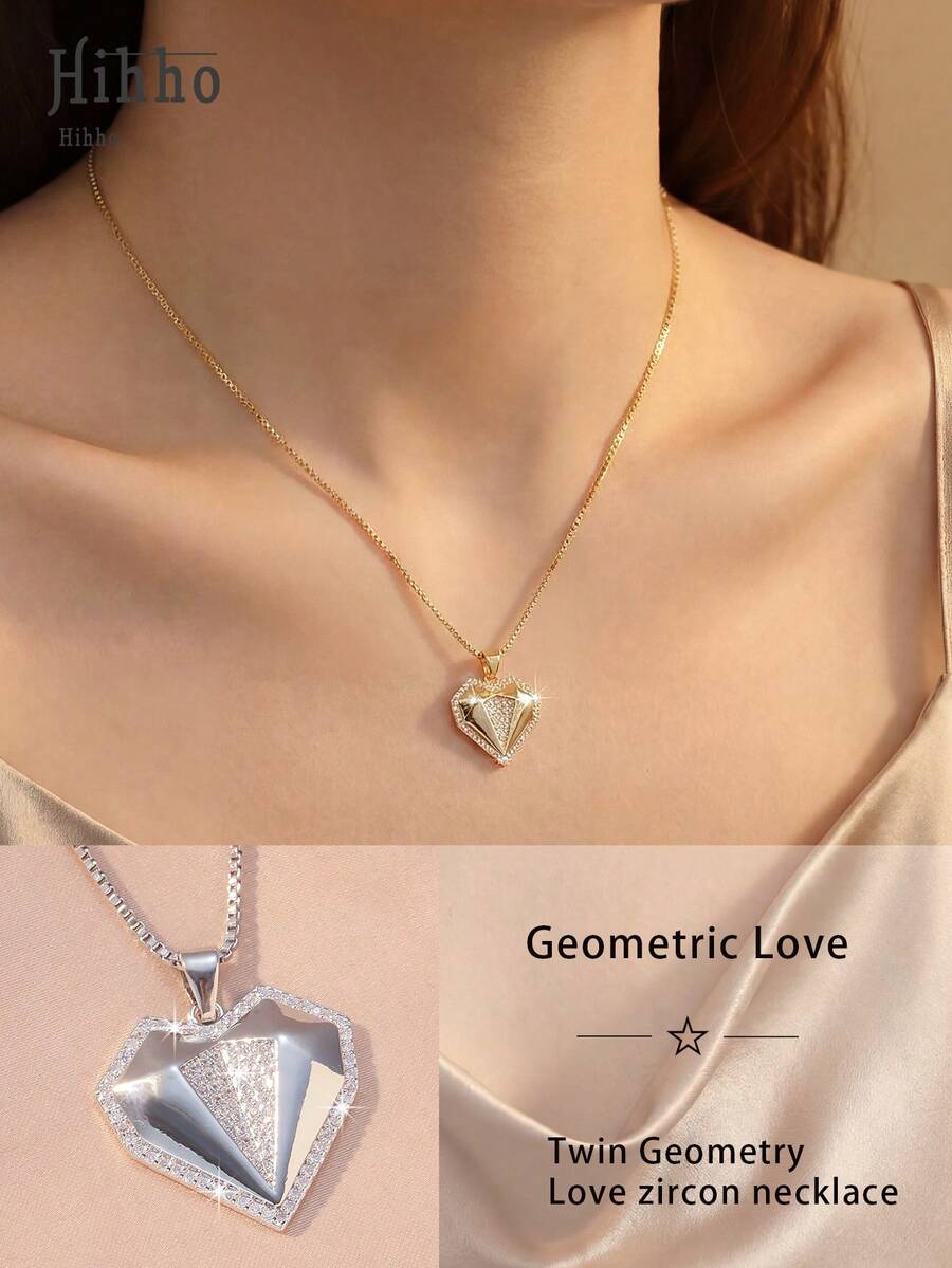 Hihho 1件套光滑银色全镶锆石三角形和心形吊坠项链，精致盒式链设计，搭配光泽心形和镶钻三角形吊坠。 - 心形 - 查看 1