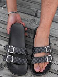 Men's Luxury Dual Buckle Adjustable Slip-On Sandals, Printed Casual Beach & Daily Wear Slippers - Black - View 5