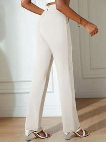 高腰直筒褲 - 米色 - 查看 2