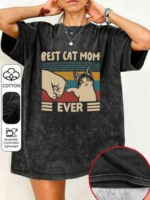 女士圆领猫咪字母印花休闲百搭日常短袖T恤 黑色 夏季 - 黑色 - 查看 6