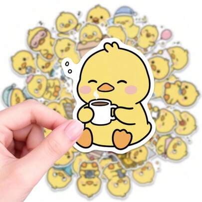 50张可爱黄色小鸭贴纸，卡通风格，图案包括咖啡、睡眠、相机等，防水乙烯基材质，适用于水瓶、笔记本电脑、滑板、日记本、手机壳、剪贴簿、礼品袋和派对用品。趣味装饰贴纸，适合成人、青少年、学生、上班族和动物爱好者，可用于个性化日常用品、装饰宿舍、办公室、储物柜，以及为亲朋好友制作专属礼物。