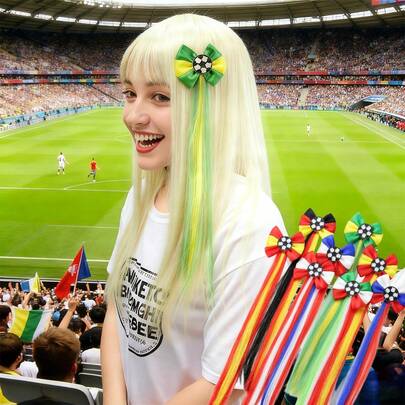 可爱萌系足球国旗彩色丝带蝴蝶结发夹马尾飘带套装 多国主题 - 可爱的运动迷大蝴蝶结，中心是足球，长丝带尾巴，可夹在头发上，适合日常休闲装扮、派对活动、比赛日为球迷加油助威 - 送给青少年、成人、女性、女孩的完美时尚礼物，适合足球爱好者生日、圣诞节、情人节、万圣节等节日