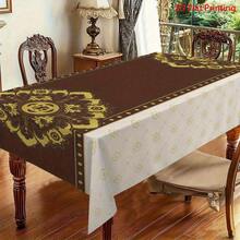 1pc Vintage Golden Symmetrical Tablecloth On Brown Background, Soft Reusable 2D Flat Cover, Easy-Clean Design For Rectangular, Round & Oval Tables, All-Season Indoor & Outdoor Use - 彩色 - 查看 8