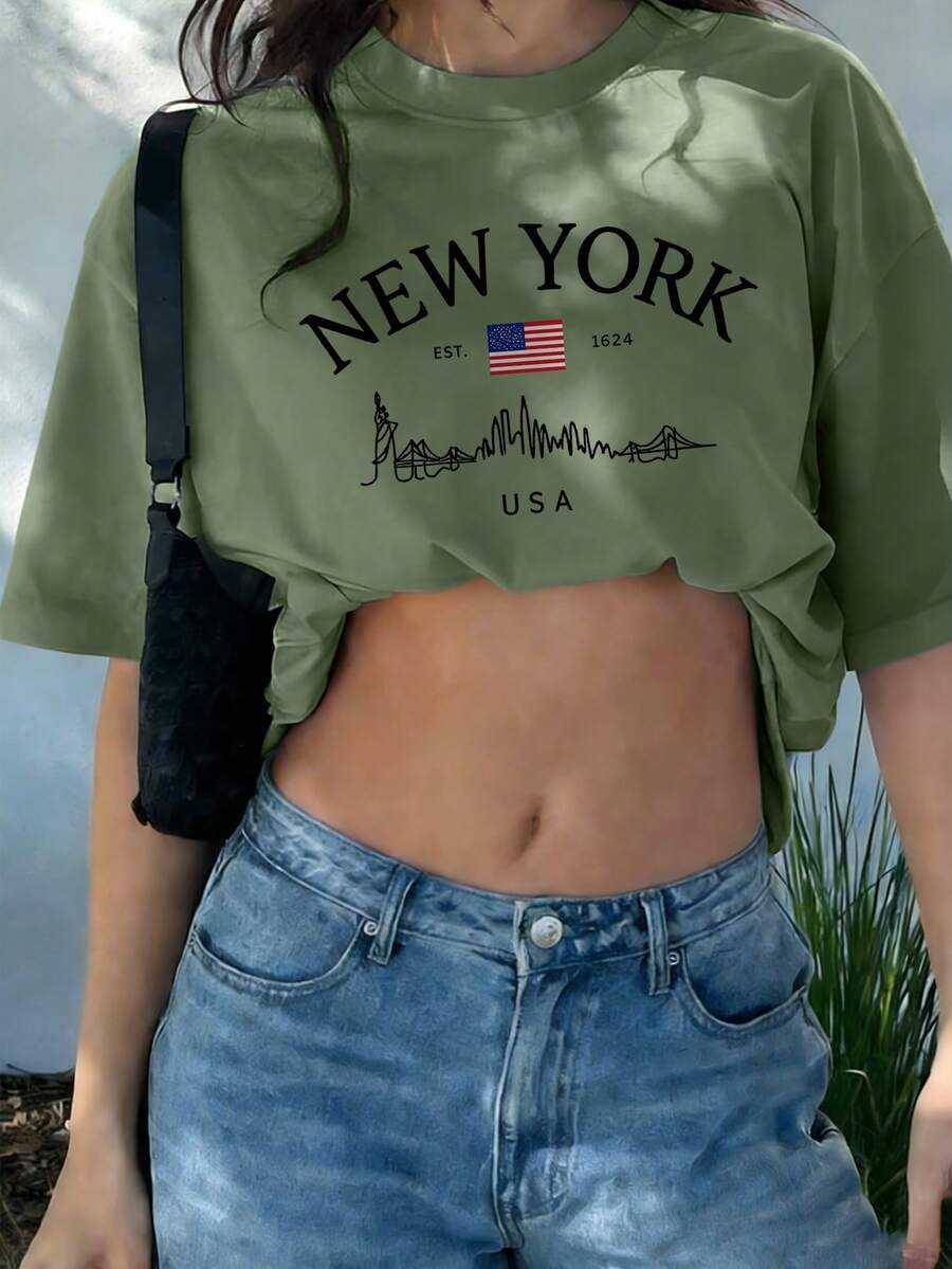 女士夏季新款休闲标语印花宽松圆领短袖T恤，时尚日常度假穿搭，适合日常及节假日穿着。女士T恤上衣。 - 綠色 - 查看 1