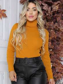 Women's High Neck Turtleneck Knit Blouse That Shapes The Body. - 駝色 - 查看 4