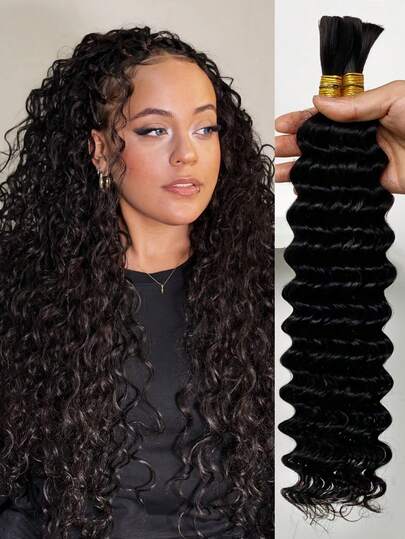 Deep Wave Human Braiding Hair Bulk Human Hair For Braiding No Weft Bundle Brazilian Virgin Curly 100g With 2 Bundles Human Hair Extensions For Boho Braids Wet And Wavy Human Hair Braiding Hair 1B Natural Color
