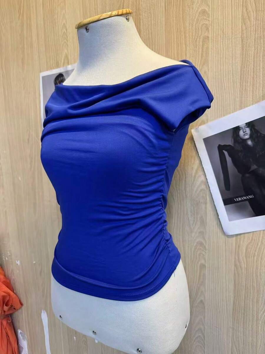 Women's Off-The-Shoulder Summer Blouse - 寶藍色 - 查看 1