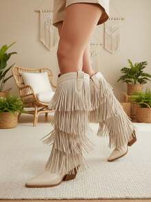 Knee High Fringe Cowboy Boots For Women Wide Calf Almond Toe Side Zipper Chunky Heeled Tall Western Booties Vintage Tassels Retro Party Shoes Bohemian Rodeo Cosplay Country Wedding Shoes Work Outdoor Riding Easter Gifts Spring Festival Womens Summer Cowgirl Boots Beige Boots - 米色 - 查看 3