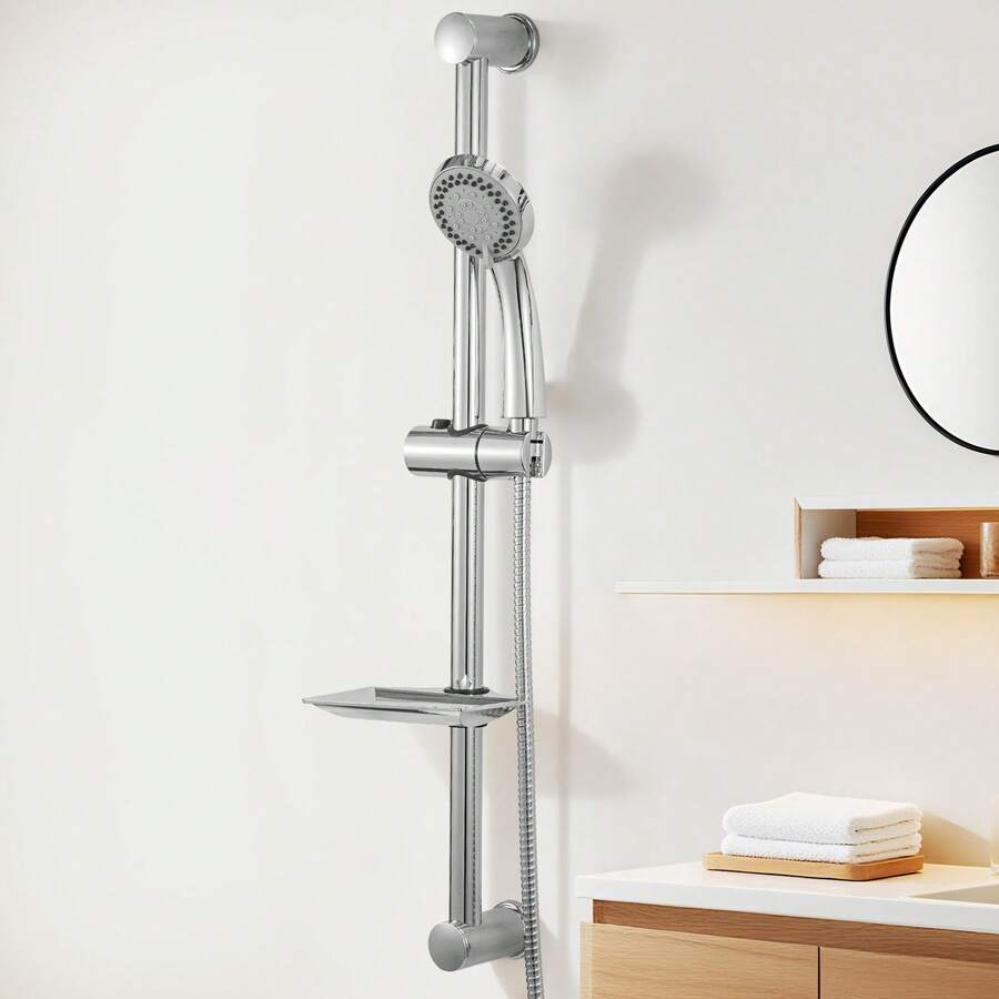 Shower Riser Kit With Shower Head, Adjustable Slide Bar Set, 150cm Shower Hose, Shower Head Holder & Soap Dish For Bathroom, Silver - View 1