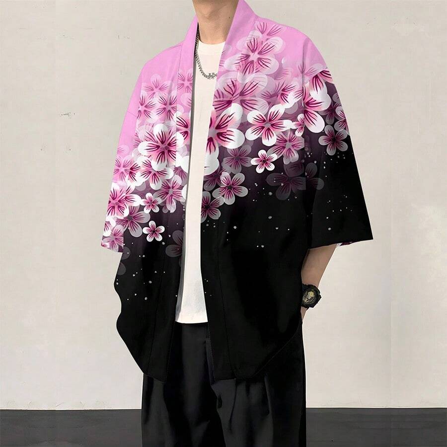 A Piece Of Fresh Art Style Polyester Summer Pink-Black Gradient Cherry Blossom Print Men's Loose Kimono Cardigan For Casual Outings - 彩色 - 查看 1
