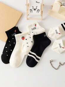 5双装草莓波点黑白女士短袜，防滑透气，适合春夏穿着 - 黑與白 - 查看 9