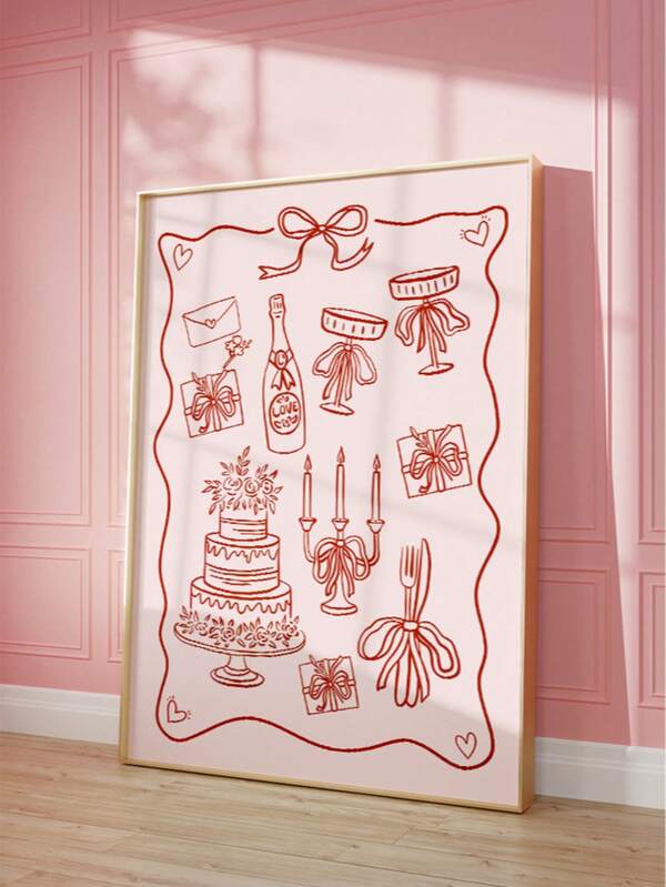 1幅无框红色婚礼插画艺术印刷品，简约风格，包含婚礼蛋糕、香槟、蜡烛和礼品蝴蝶结，复古婚礼季装饰，浪漫派对海报，适用于客厅、卧室、宿舍、房间装饰、派对装饰。