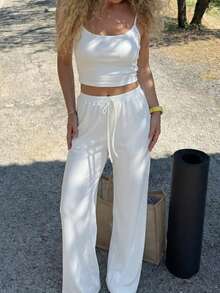 OULISLinen Texture Camisole & Wide Leg Pants Set, Elastic Waist Relaxed Fit Casual Daily Outfit, Spring/Summer White Elegant - White - View 1