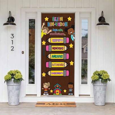 Capas de Decoração Painel de Porta Festas Tema Volta As Aulas Tecido com Elástico