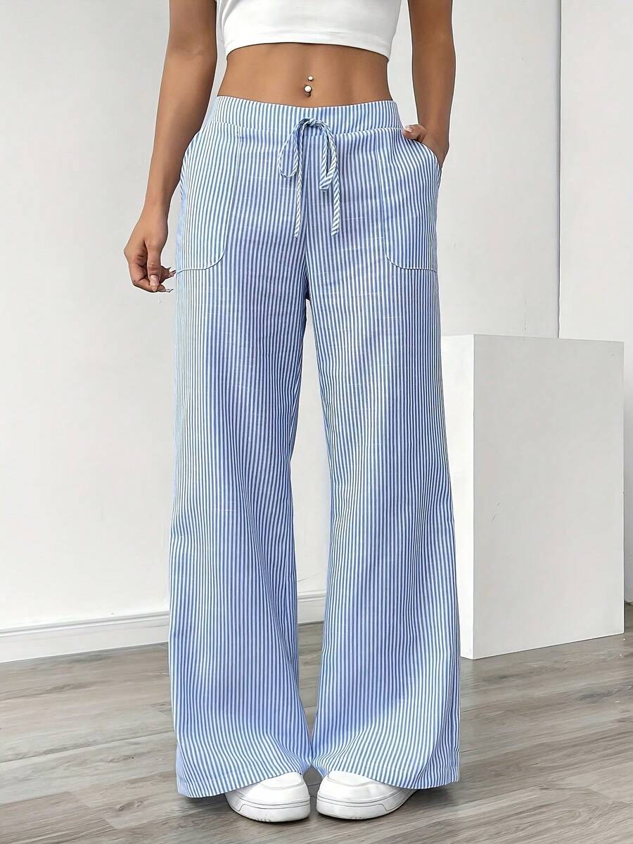 Women's Summer Casual Striped Wide Leg Pants - Drawstring Waist Linen Blend Loose Fit Trousers With Pockets For Beach Vacation Streetwear Daily Lounge Fashion Outfits - 藍色 - 查看 1