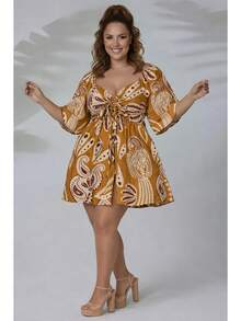 MeimiAmores Meimi Floral Plus Size Short Dress, Loose Fitted Waist, Short Sleeves, Casual Style, Sizes G1 G2, Spring/Summer, Lightweight, Boho Style - Màu Mù tạt vàng - Xem 2