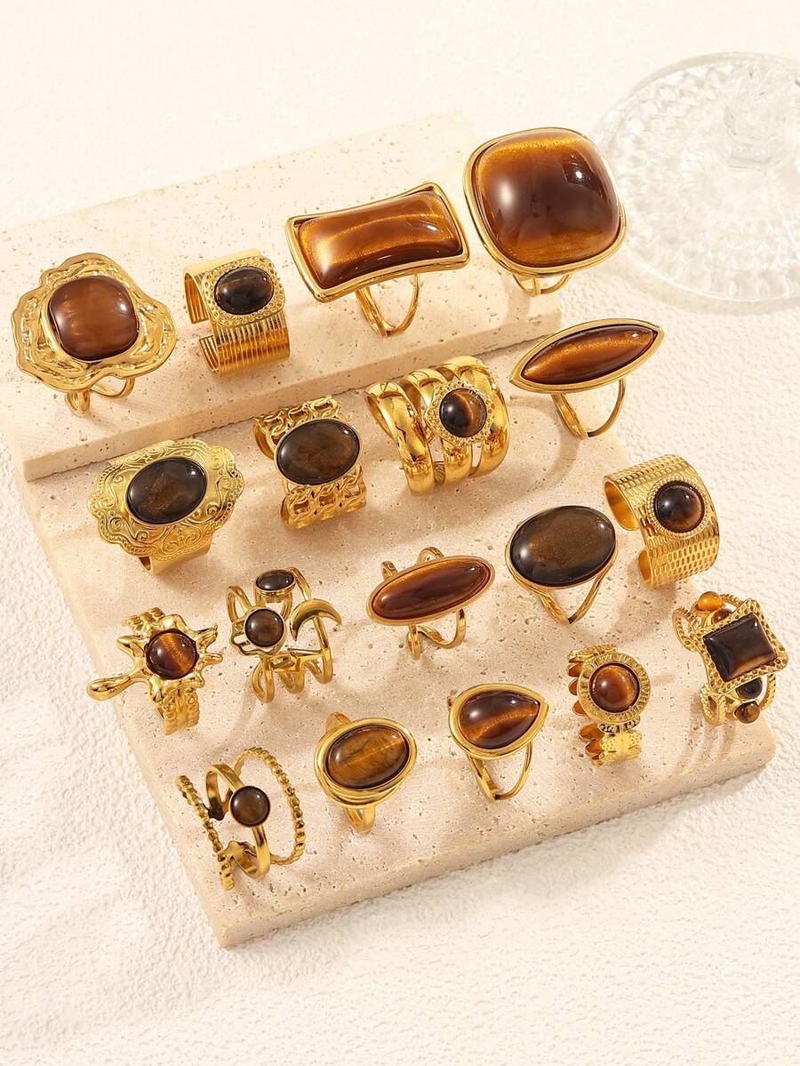 4/6/12/16 قطعة من الخواتم المفتوحة المصنوعة من الفولاذ المقاوم للصدأ بلون ذهبي مع حجر عين النمر البني، قابلة للتعديل، تصاميم متنوعة، إكسسوارات عصرية عالية الجودة للنساء أو هدايا - ذهبي أصفر - مشاهدة 1