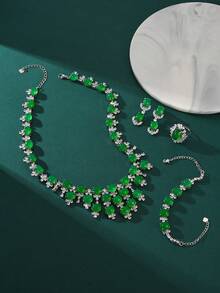 新款首饰套装：绿色流苏项链、耳环、戒指、手链四件套，适合女士派对、婚礼、新娘首饰礼品。 - 綠色 - 查看 3