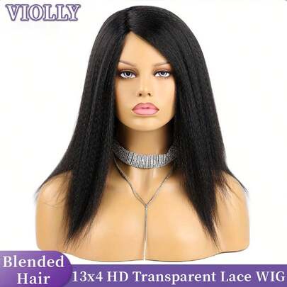 VIOLLY Kinky Straight Wig Human Hair 13x4 Hd Transparent Lace Front Wigs Human Hair Pre Plucked With Baby Hair Yaki Straight Frontal Wigs For Women 200 Density Human Hair Wig Brazilian Virgin 8-34 Inch